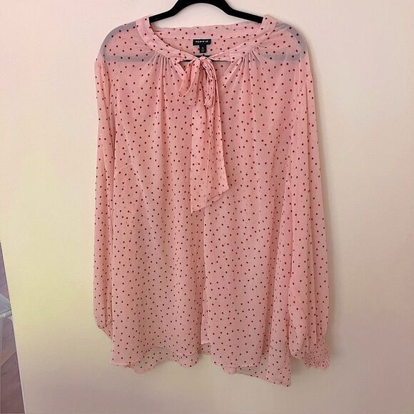 Torrid Womens Plus Size Pink Chiffon Bow Front Button-Up Polkadot Blouse Size 5X - Picture 5 of 13